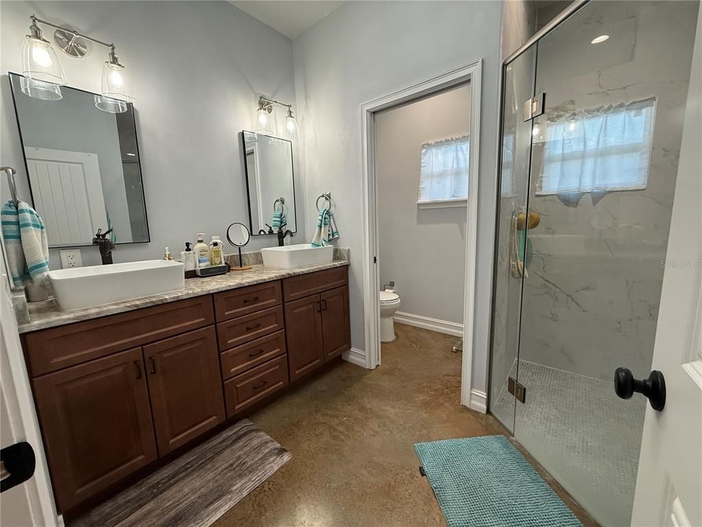Bathroom, Dual Sink Vanities, Glass Shower, Interior, Marble Walls