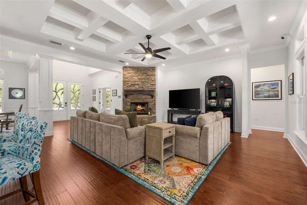 Fireplace, Interior, Living room, Recessed Lighting, Wood Texture Flooring