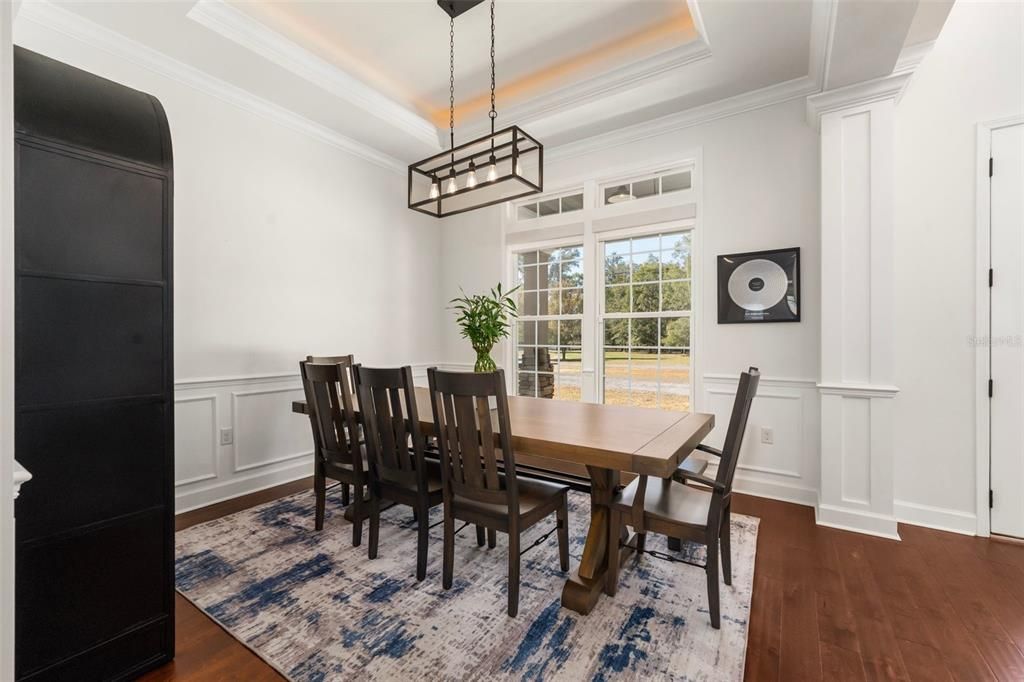 Dining room, Interior, Pendant Lights, Wood Texture Flooring