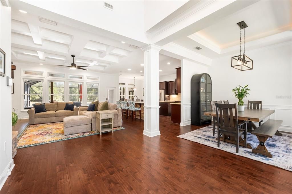 Dining room, Interior, Kitchen, Living room, Pendant Lights, Recessed Lighting, Wood Texture Flooring