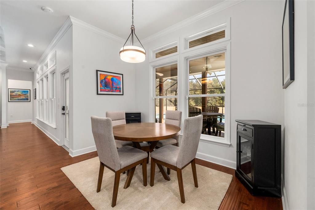 Dining room, Interior, Pendant Lights, Recessed Lighting, Wood Texture Flooring