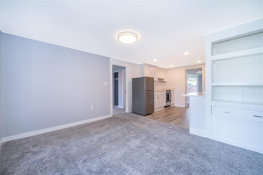 Empty room, Interior, Kitchen, Recessed Lighting, Wood Texture Flooring