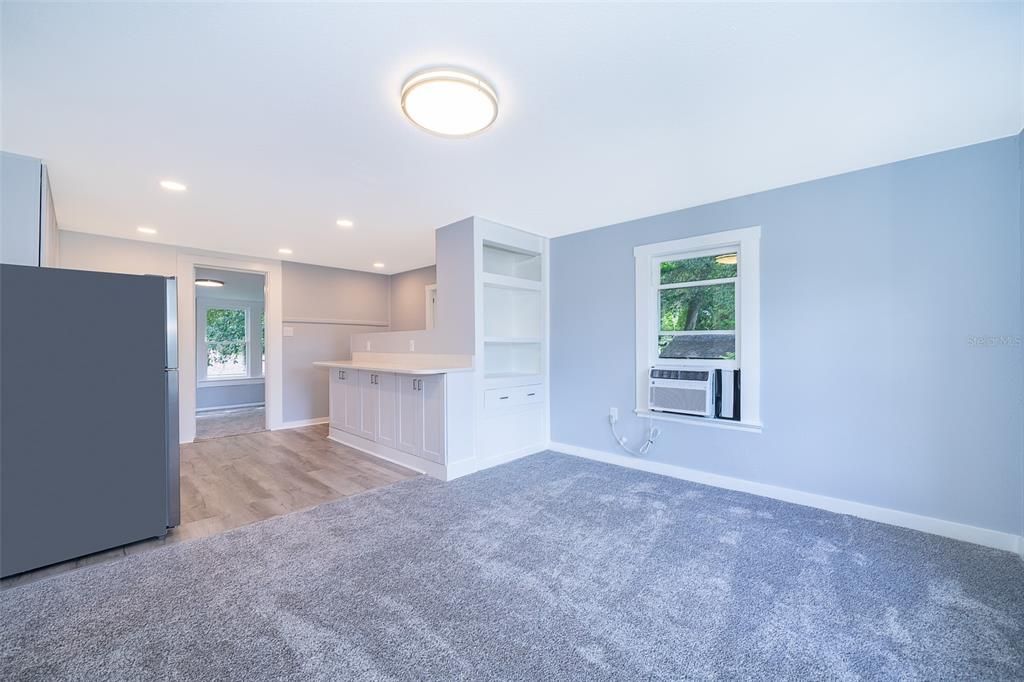 Empty room, Interior, Kitchen, Recessed Lighting, Wood Texture Flooring