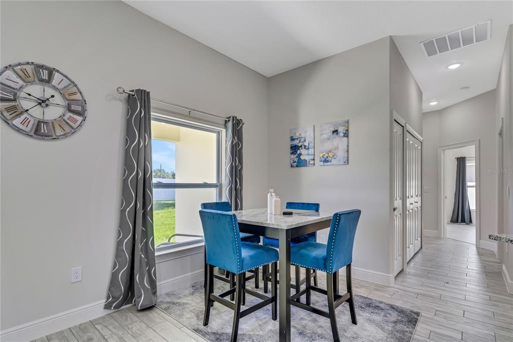 Dining room, Interior, Recessed Lighting, Wood Texture Flooring