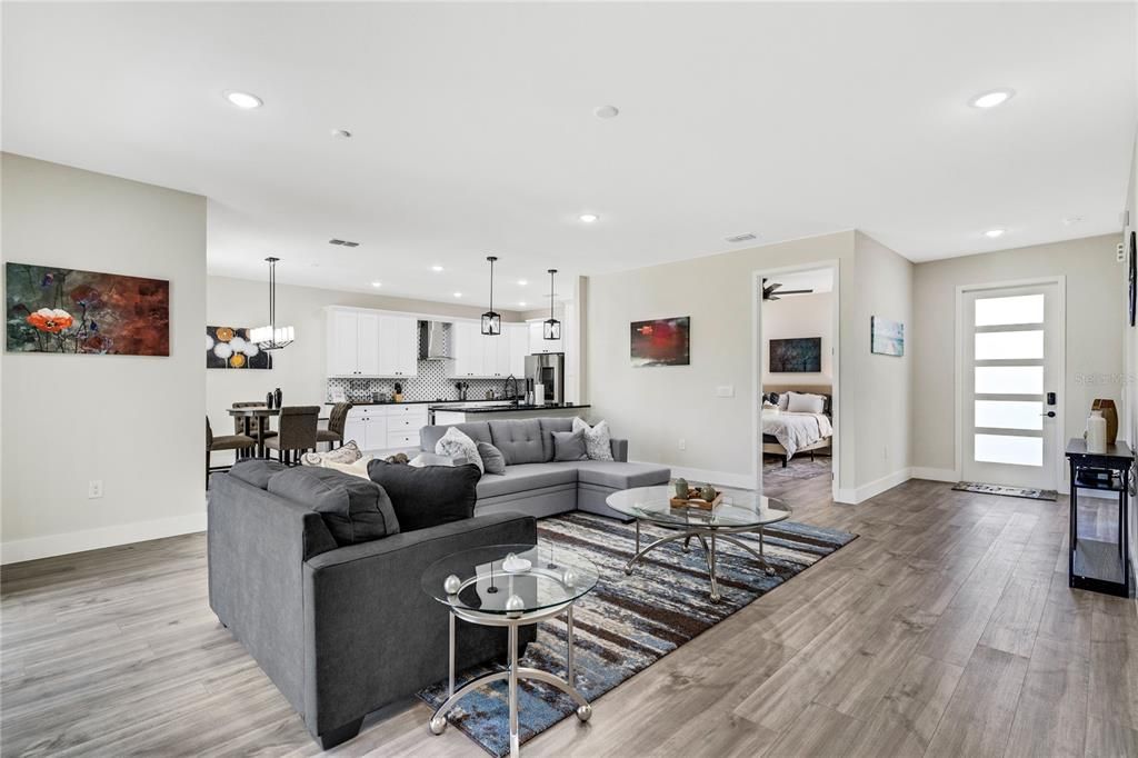 Dining room, Interior, Kitchen, Living room, Pendant Lights, Recessed Lighting, Wood Texture Flooring