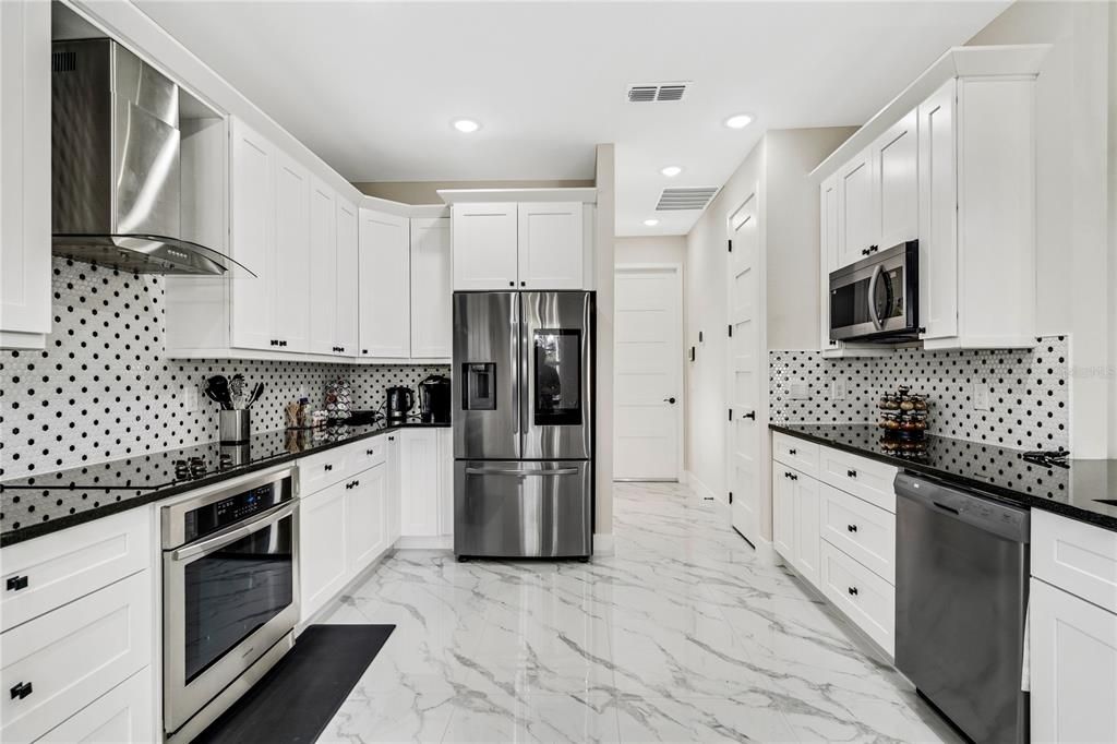 Interior, Kitchen, Marble, Recessed Lighting, Stainless Steel Appliances