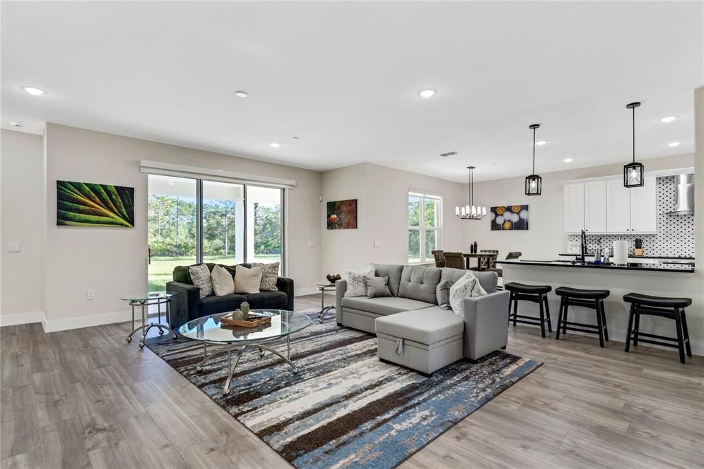 Dining room, Interior, Kitchen, Living room, Pendant Lights, Recessed Lighting, Wood Texture Flooring