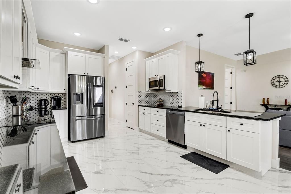 Interior, Kitchen, Marble, Pendant Lights, Recessed Lighting, Stainless Steel Appliances