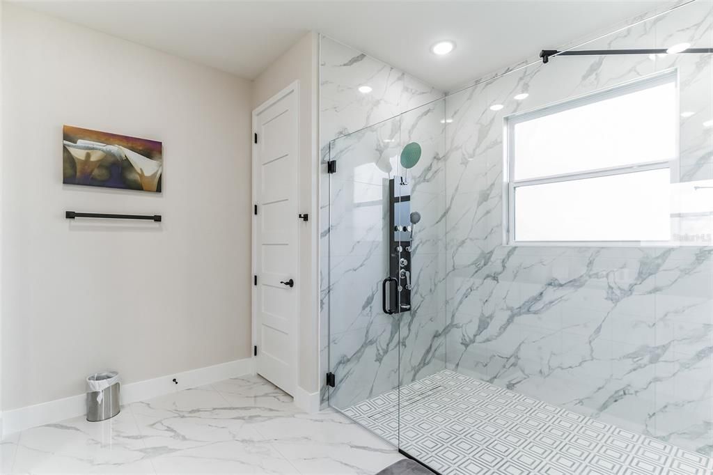 Bathroom, Glass Shower, Interior, Marble, Marble Walls, Recessed Lighting