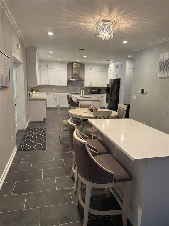 Chandelier, Dining room, Interior, Kitchen, Recessed Lighting, Stainless Steel Appliances