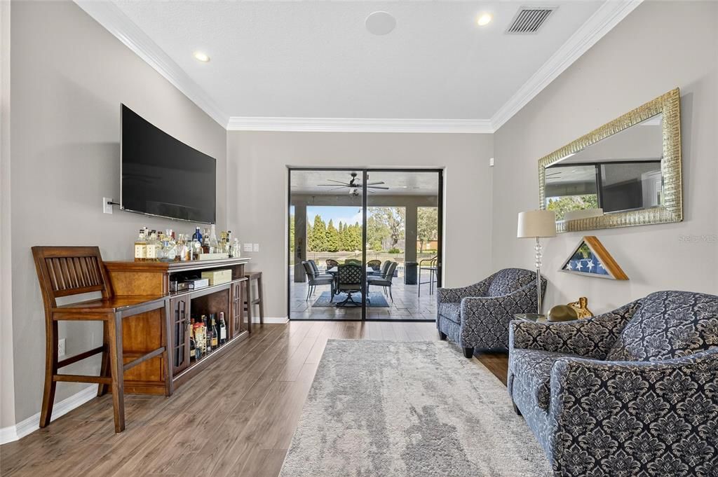 Dining room, Interior, Living room, Recessed Lighting, Wood Texture Flooring