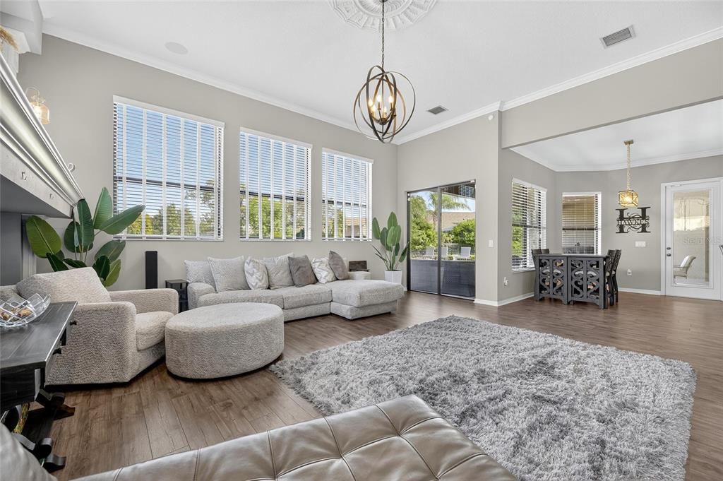 Dining room, Interior, Living room, Pendant Lights, Wood Texture Flooring
