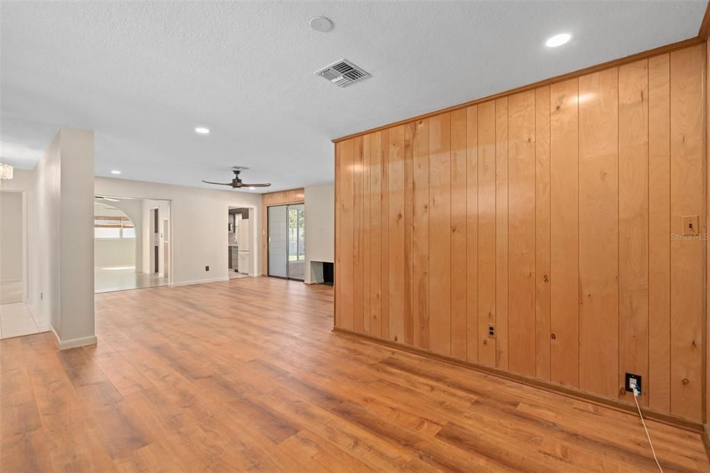 Empty room, Interior, Recessed Lighting, Wood Texture Flooring, Wooden Walls