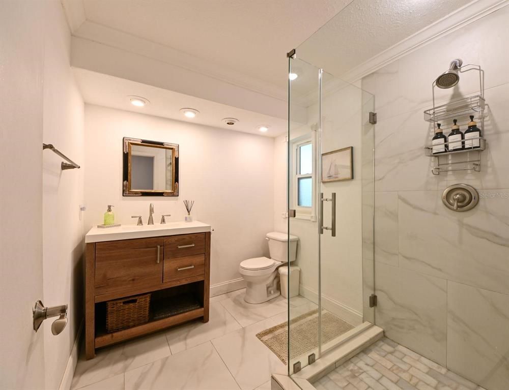 Bathroom, Glass Shower, Interior, Marble, Marble Walls, Recessed Lighting