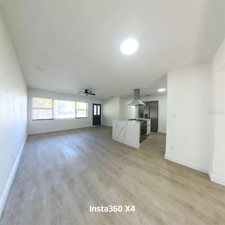 Empty room, Interior, Kitchen, Recessed Lighting, Wood Texture Flooring