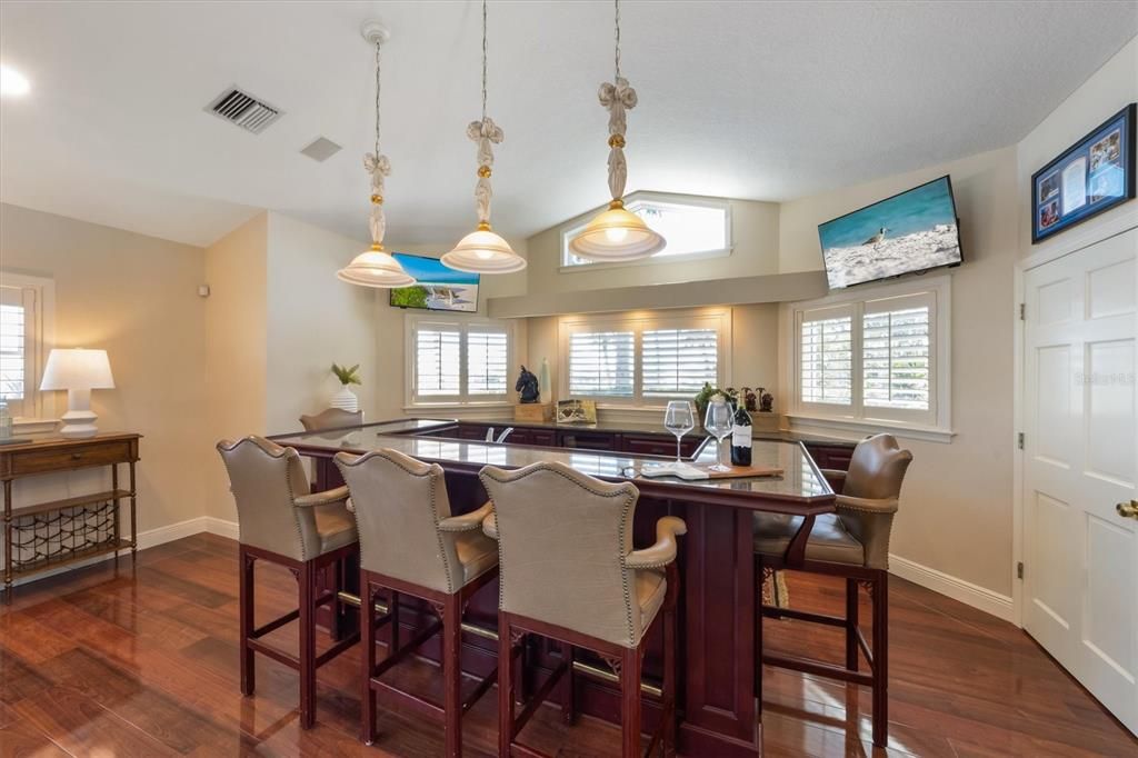 Dining room, Interior, Pendant Lights, Recessed Lighting, Wood Texture Flooring
