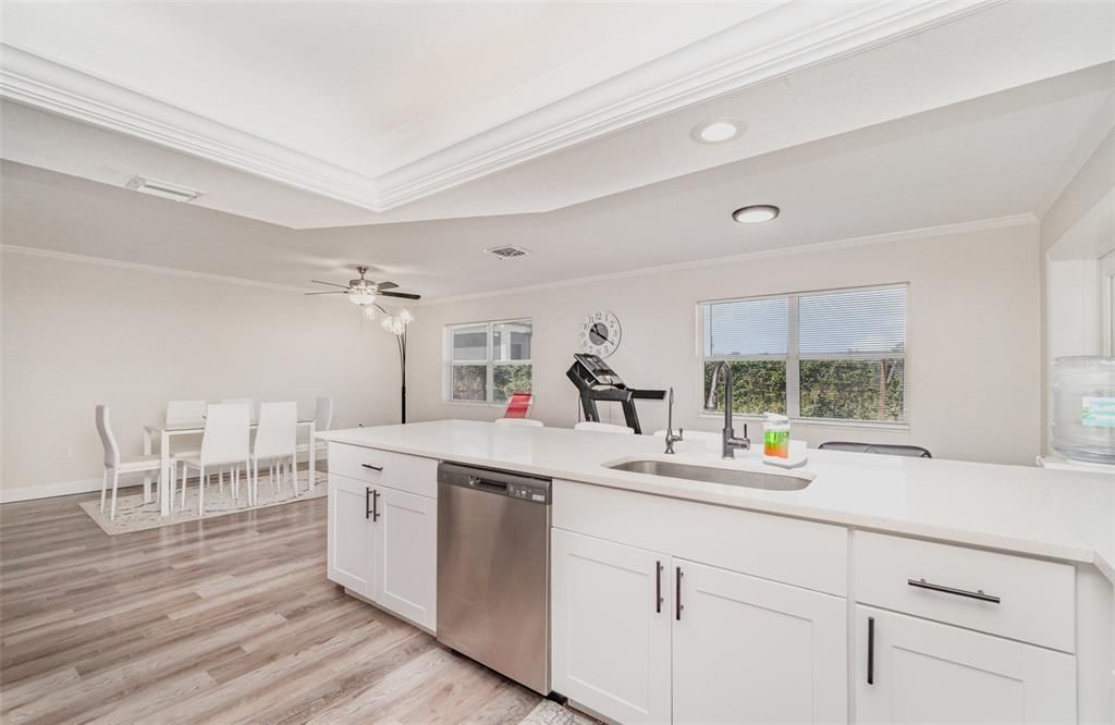Dining room, Interior, Kitchen, Recessed Lighting, Wood Texture Flooring