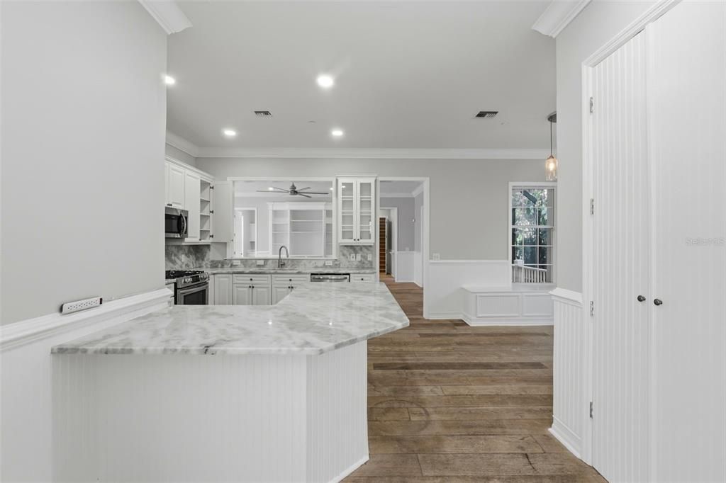 Interior, Kitchen, Pendant Lights, Recessed Lighting, Wood Texture Flooring