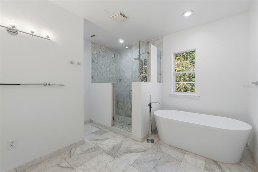 Bathroom, Free Standing Baths, Glass Shower, Interior, Marble, Marble Walls, Recessed Lighting