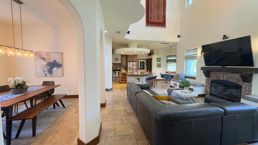 Dining room, Fireplace, Interior, Kitchen, Living room, Pendant Lights, Recessed Lighting