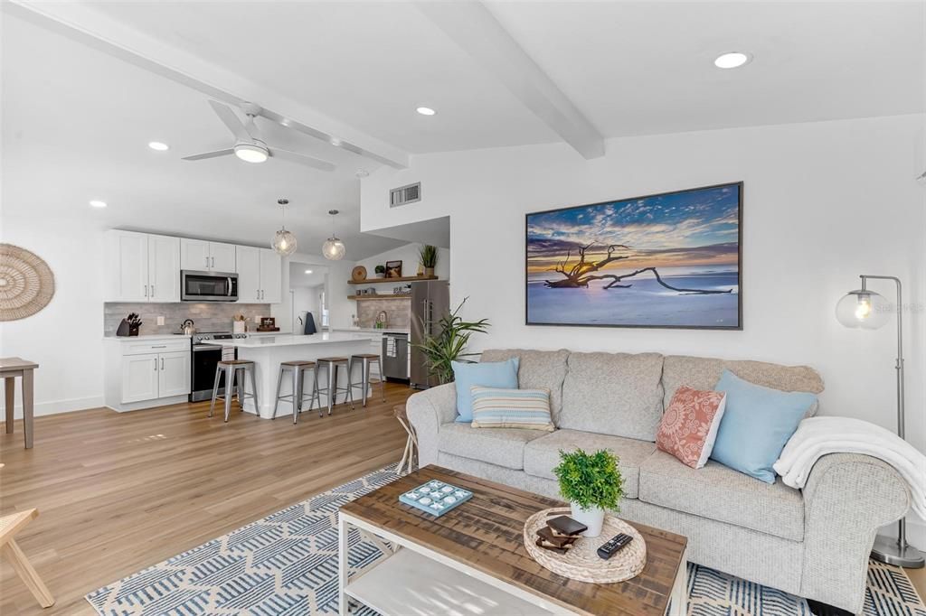 Interior, Kitchen, Living room, Pendant Lights, Recessed Lighting, Stainless Steel Appliances, Wood Texture Flooring