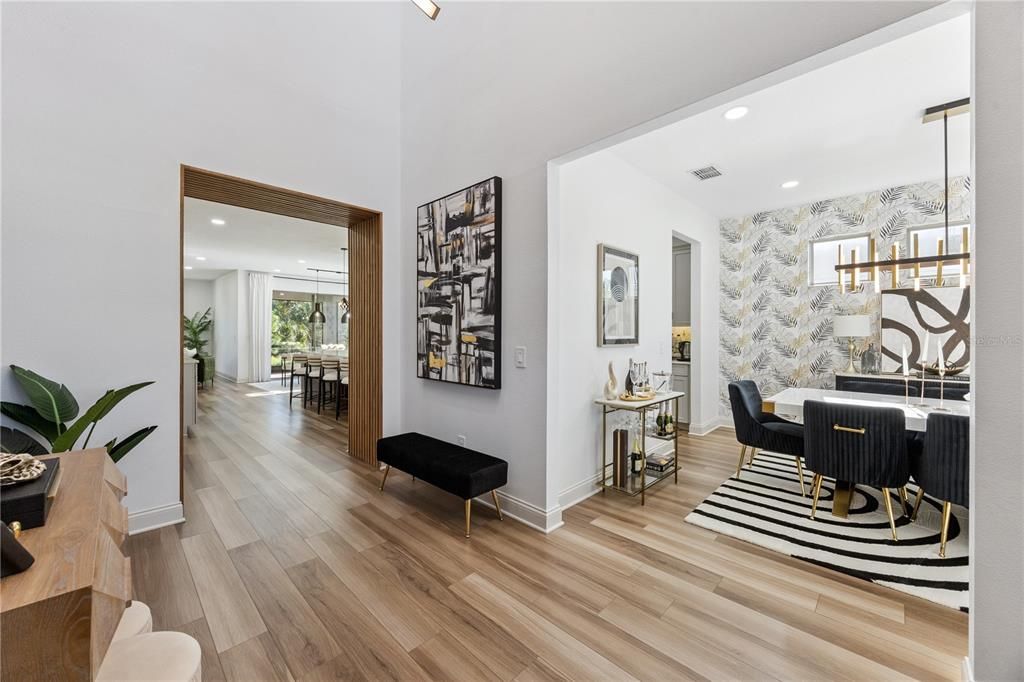 Dining room, Interior, Pendant Lights, Recessed Lighting, Wood Texture Flooring