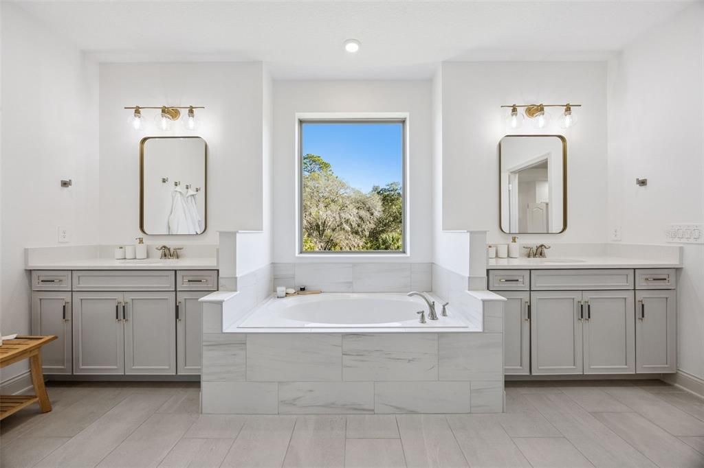 Bathroom, Dual Sink Vanities, Interior, Recessed Lighting, Wood Texture Flooring