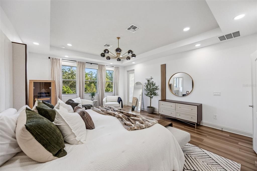 Bedroom, Interior, Recessed Lighting, Wood Texture Flooring