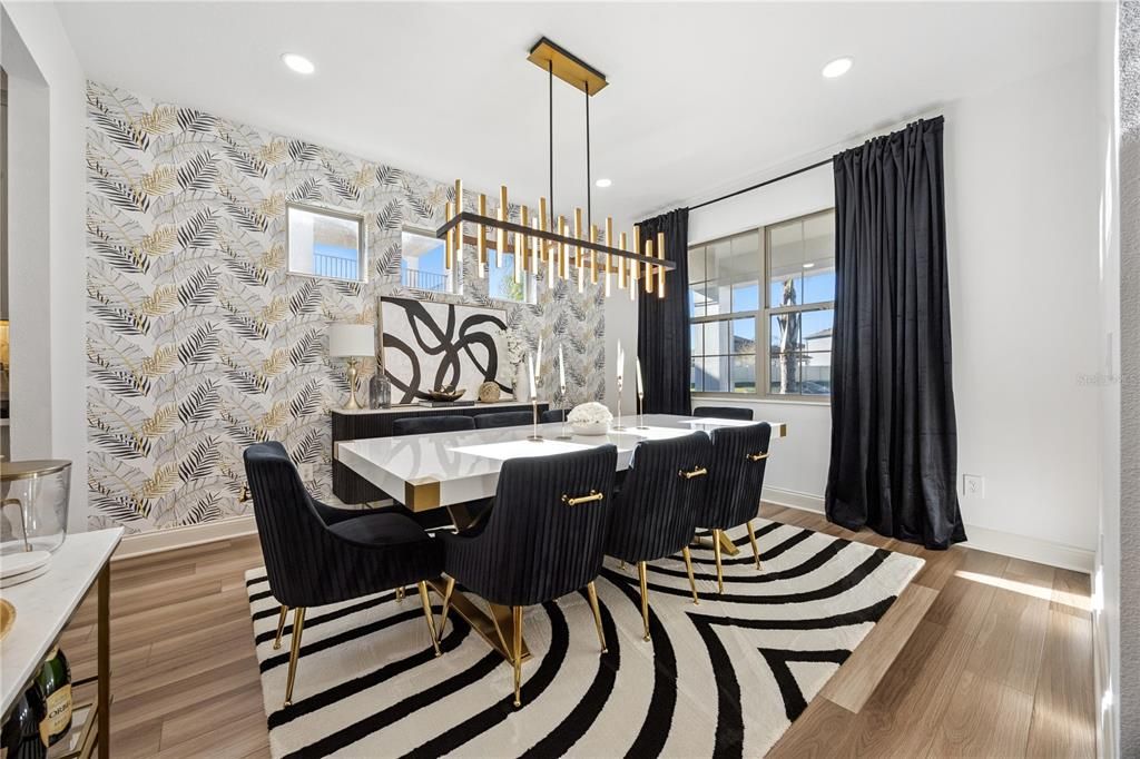 Dining room, Interior, Pendant Lights, Recessed Lighting, Wood Texture Flooring