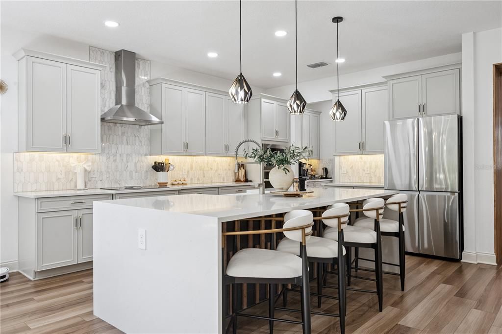 Interior, Kitchen, Pendant Lights, Recessed Lighting, Stainless Steel Appliances, Wood Texture Flooring