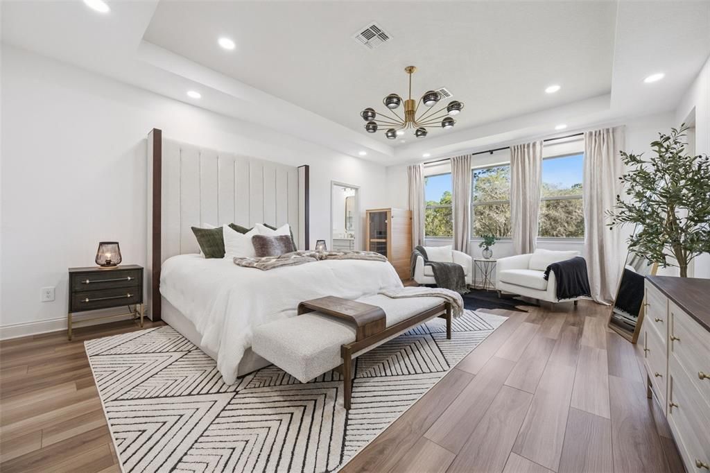 Bedroom, Interior, Pendant Lights, Recessed Lighting, Wood Texture Flooring