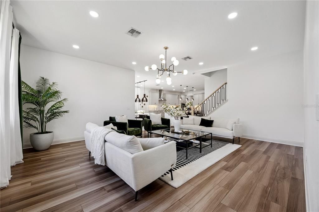 Dining room, Interior, Living room, Pendant Lights, Recessed Lighting, Wood Texture Flooring