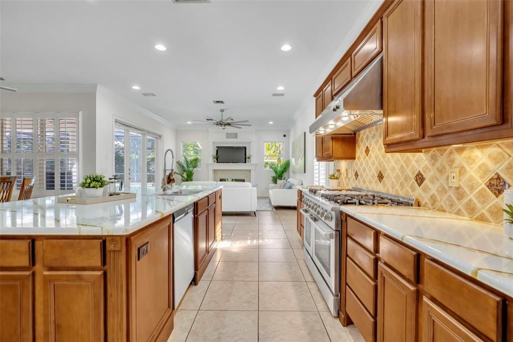 Fireplace, Interior, Kitchen, Recessed Lighting, Stainless Steel Appliances