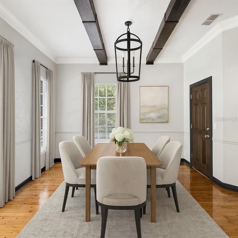 Dining room, Interior, Pendant Lights, Wooden Beams, Wood Texture Flooring