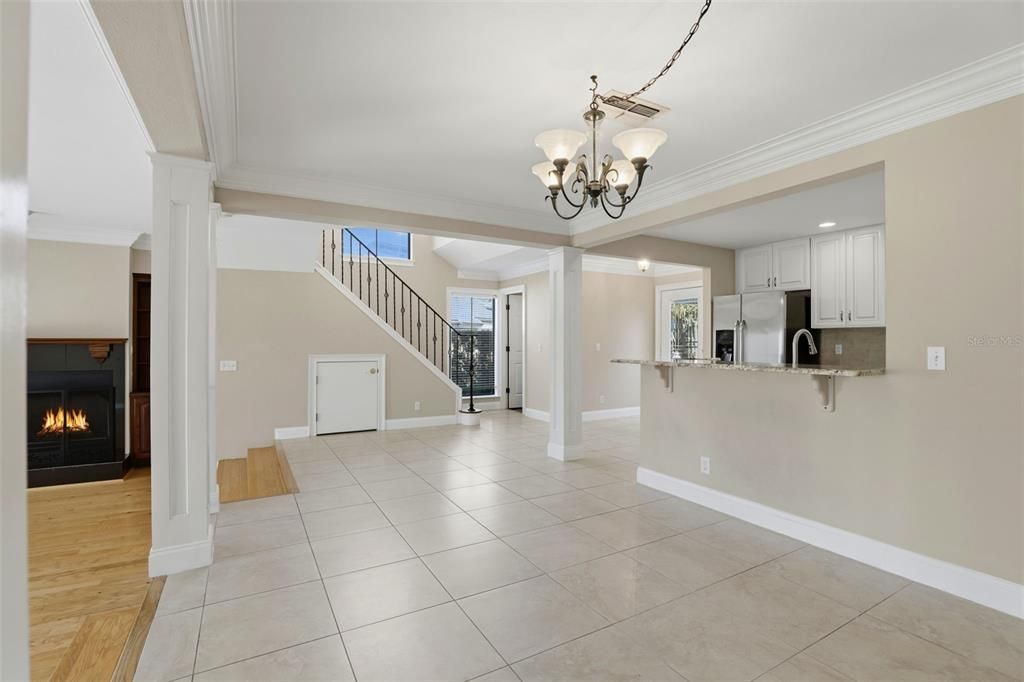 Chandelier, Fireplace, Interior, Kitchen, Stainless Steel Appliances