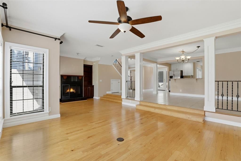 Chandelier, Empty room, Fireplace, Interior, Wood Texture Flooring