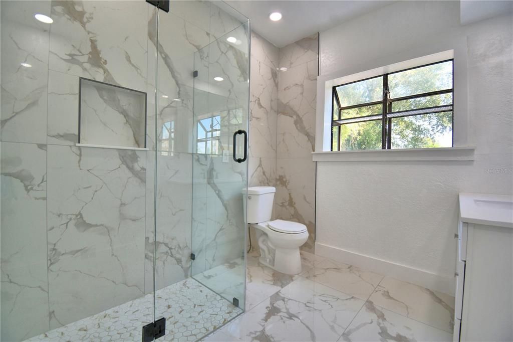 Bathroom, Glass Shower, Interior, Marble, Marble Walls, Recessed Lighting