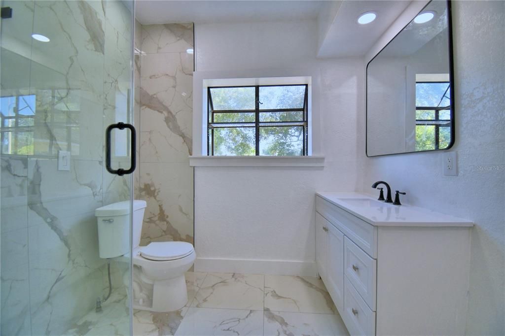 Bathroom, Glass Shower, Interior, Marble, Marble Walls, Recessed Lighting