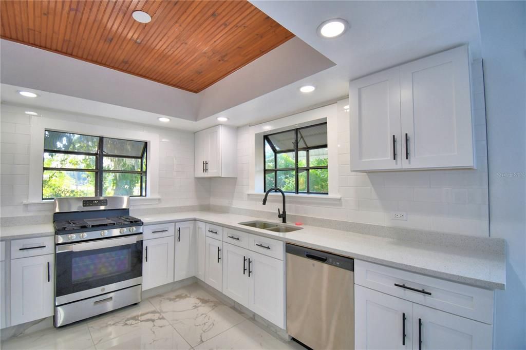 Interior, Kitchen, Marble, Recessed Lighting, Stainless Steel Appliances, Wooden Ceilings