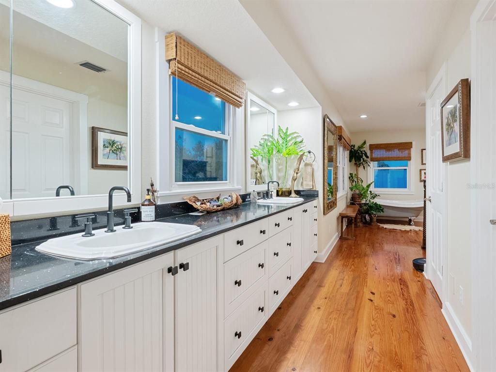 Bathroom, Dual Sink Vanities, Interior, Recessed Lighting, Wood Texture Flooring