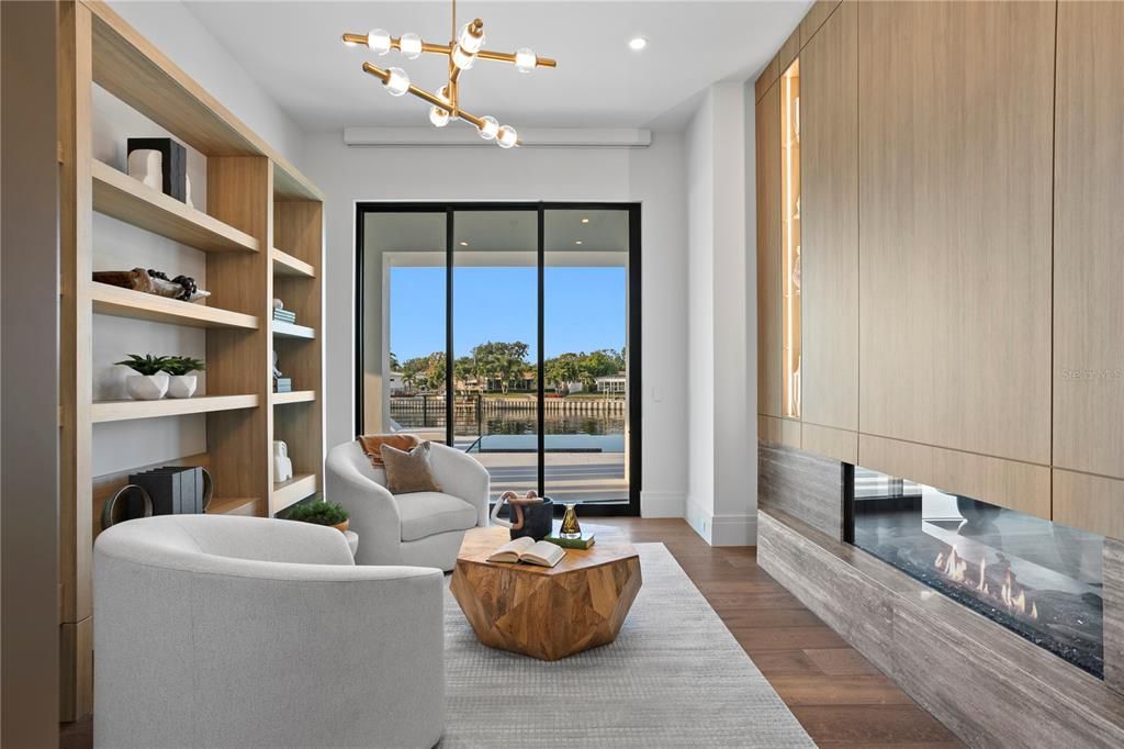 Fireplace, Interior, Living room, Pendant Lights, Recessed Lighting, Wood Texture Flooring