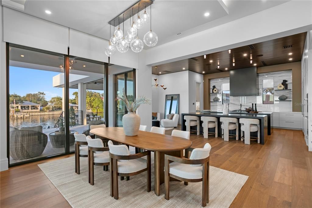 Dining room, Interior, Pendant Lights, Recessed Lighting, Wooden Ceilings, Wood Texture Flooring
