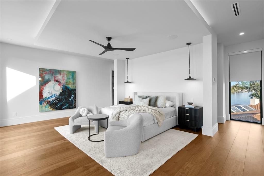 Bedroom, Interior, Pendant Lights, Recessed Lighting, Wood Texture Flooring