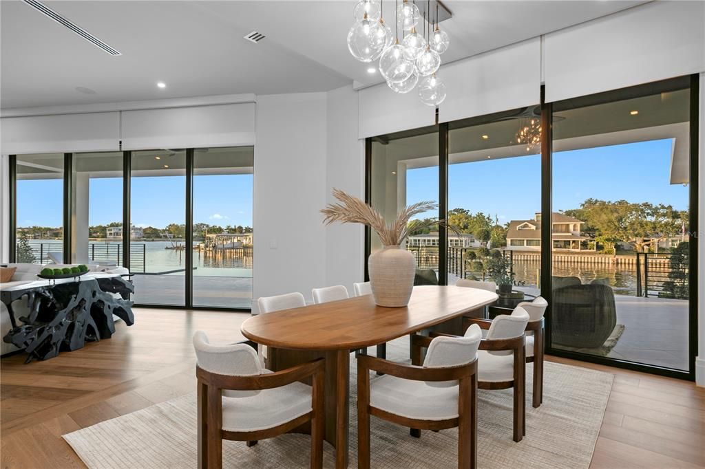 Dining room, Interior, Pendant Lights, Recessed Lighting, Water, Wood Texture Flooring