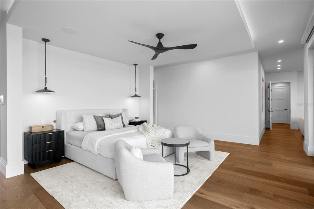 Bedroom, Interior, Pendant Lights, Recessed Lighting, Wood Texture Flooring