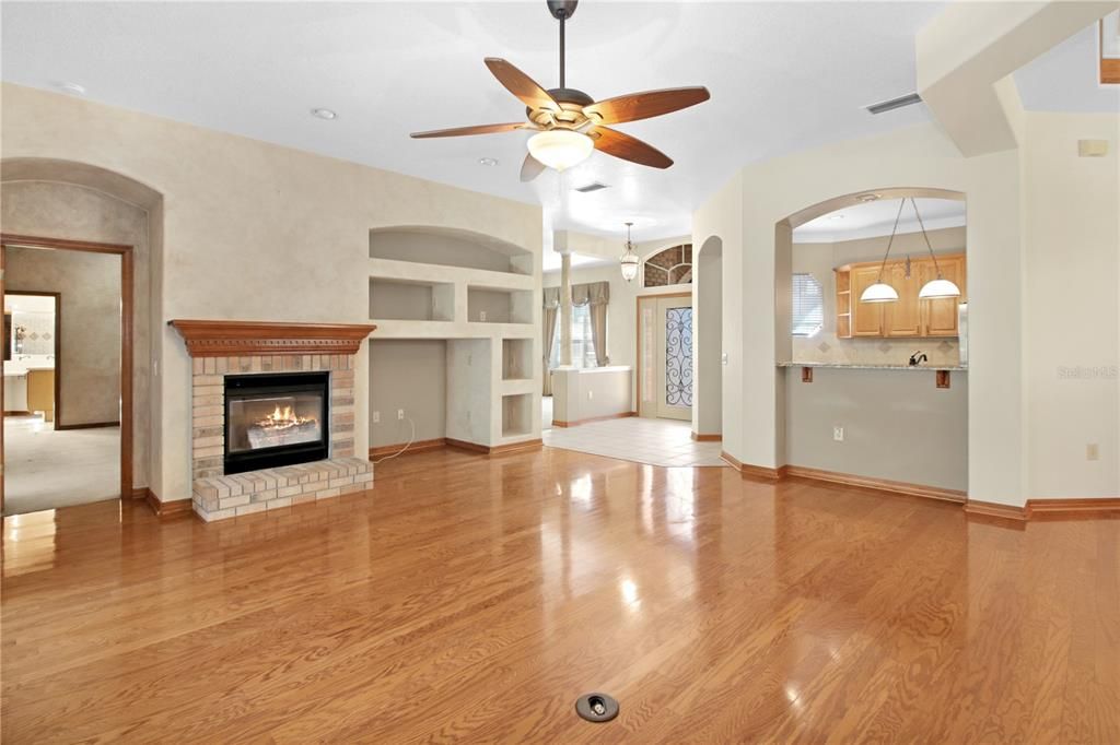 Empty room, Fireplace, Interior, Pendant Lights, Wood Texture Flooring