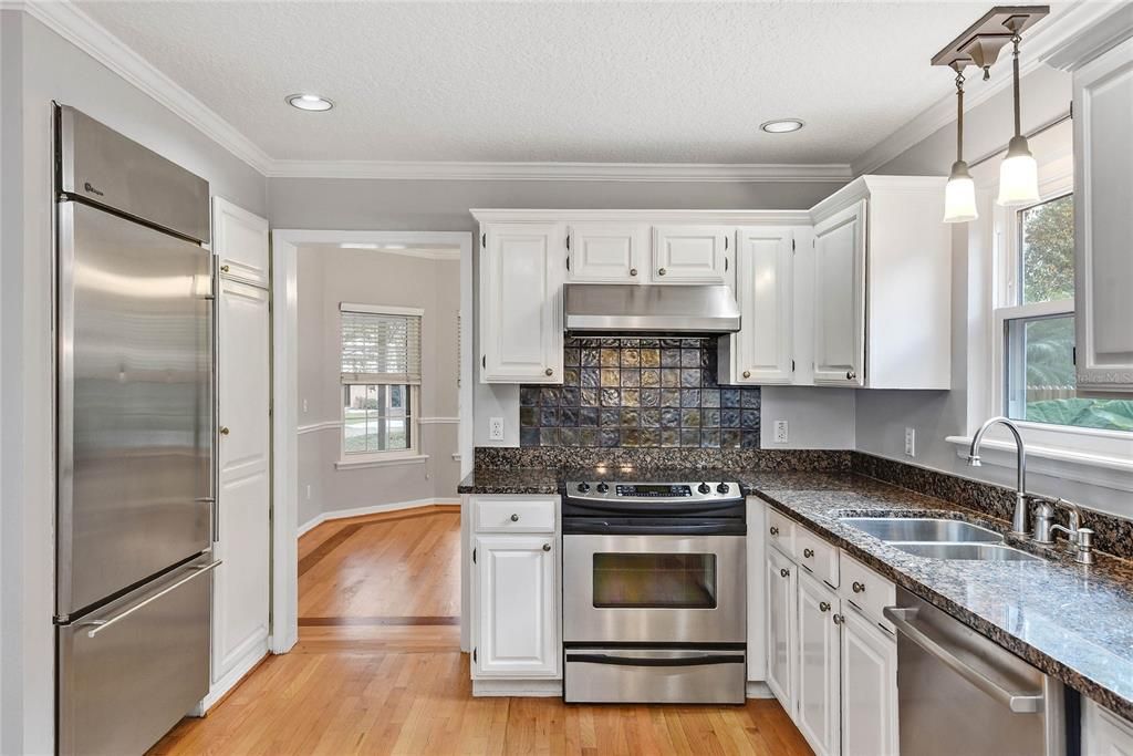 Interior, Kitchen, Pendant Lights, Recessed Lighting, Stainless Steel Appliances, Wood Texture Flooring