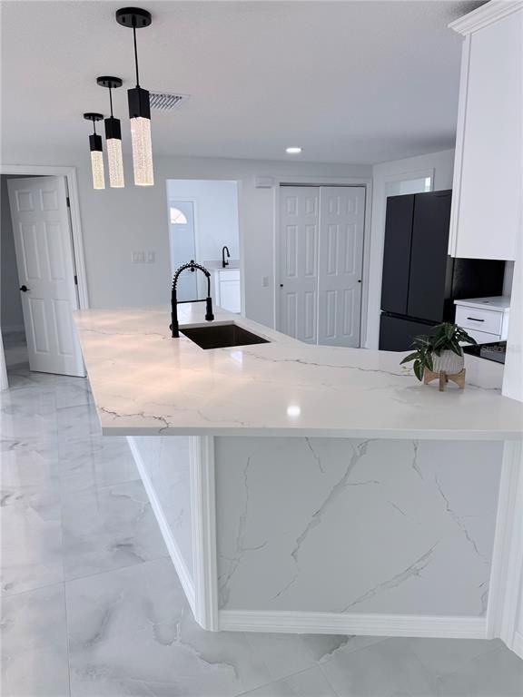 Interior, Kitchen, Marble, Marble Walls, Pendant Lights, Recessed Lighting