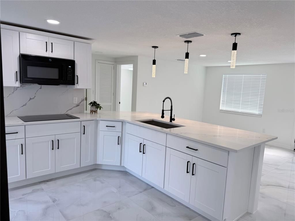 Interior, Kitchen, Marble, Marble Walls, Pendant Lights, Recessed Lighting