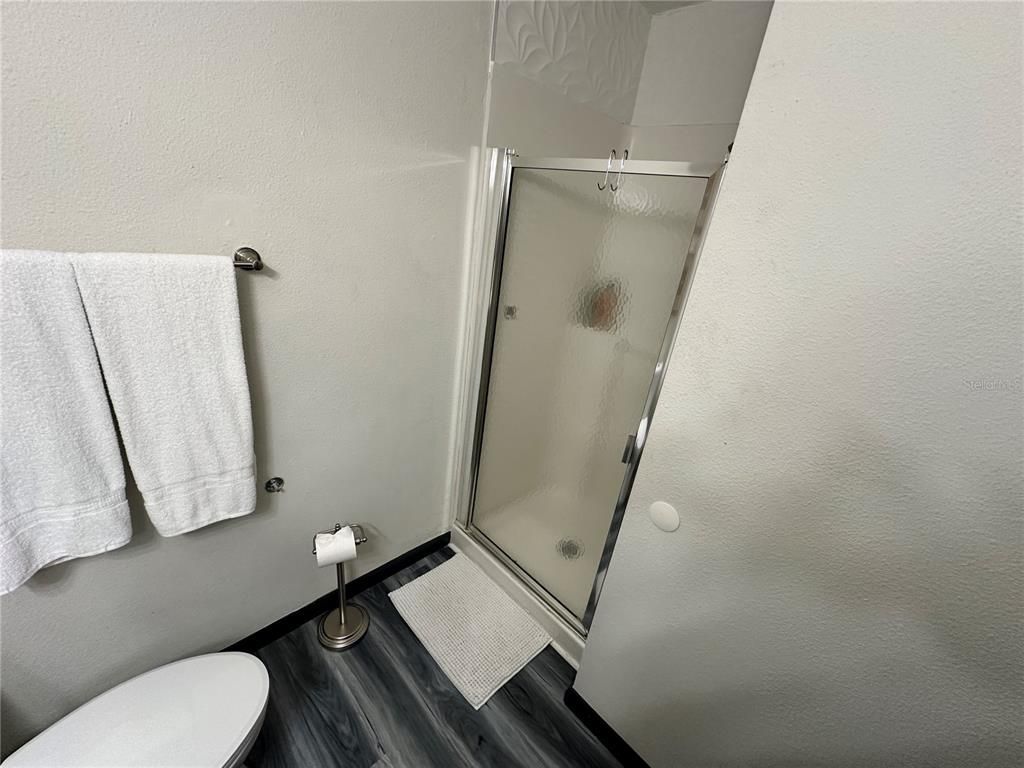 Bathroom, Glass Shower, Interior, Wood Texture Flooring